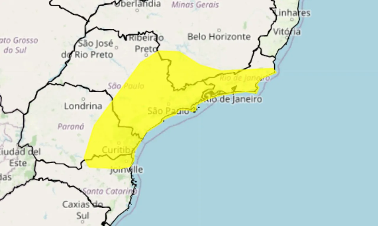 o mapa mostra às áreas em alerta para chuva intensa
